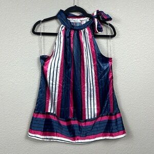 New Piazza Italia Striped Flowy Blouse Top with Bow Side Neck Sz L